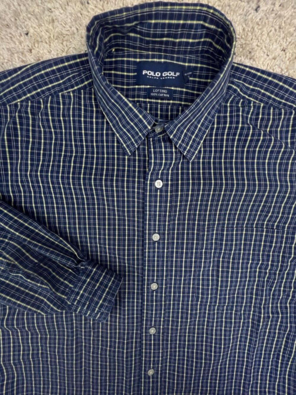 Polo Golf Ralph Lauren Button Up Shirt Long Sleeve LOFTING Size Large Blue Plaid